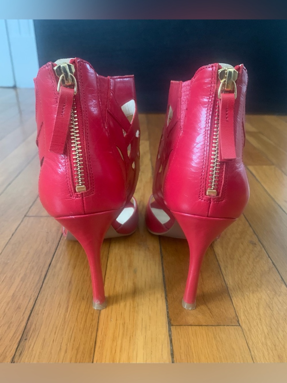 Nine West Red Fabeyana Open Toe Cage Cutout Stiletto Ankle Shoes - Size 7.5 - Picture 4 of 8